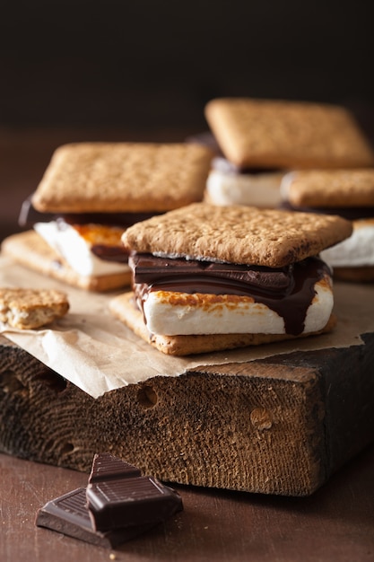 Zelfgemaakte marshmallow s'mores met chocolade op crackers