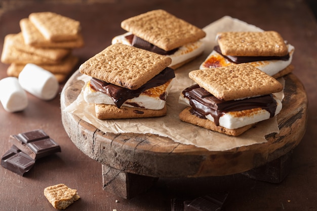 Zelfgemaakte marshmallow s'mores met chocolade op crackers