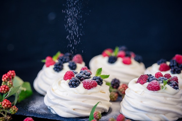 Zelfgemaakte meringue basis voor cake Pavlova met verse bosbessen en BlackBerry en poedersuiker op zwart