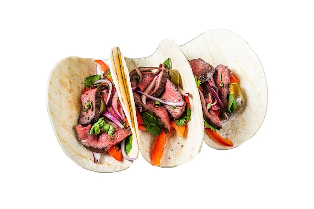 Zelfgemaakte Mexicaanse Steak Steet Tacos Met Koriander Groene Saus Jalapenos En Ui Geïsoleerd Op Een Witte Achtergrond