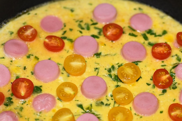 Zelfgemaakte omelet met worsttomaten en kruidenclose-up