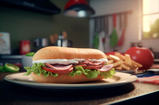 Zelfgemaakte onderzeese baguettesandwich met ham, kaas, bacon, tomaat, sla, komkommer en ui AI gegenereerd