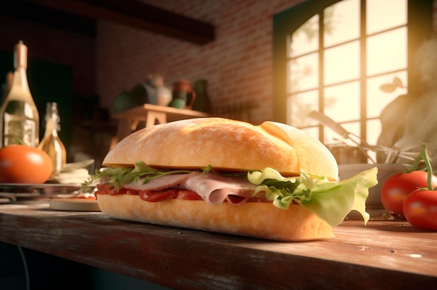 Zelfgemaakte onderzeese baguettesandwich met ham, kaas, bacon, tomaat, sla, komkommer en ui AI gegenereerd