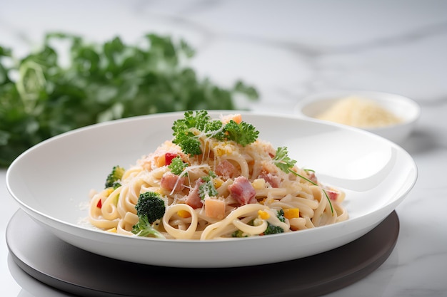 Zelfgemaakte pasta met ham en groenten op het bord Italiaans eten