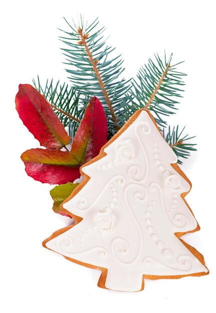 Zelfgemaakte peperkoek cookies, feestelijke Kerstmis en Nieuwjaar zoet, achtergrond kaart geïsoleerd op een witte achtergrond.