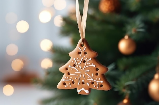 Zelfgemaakte peperkoekkoekjes in de vorm van een kerstboom die aan de kerstboom hangt Genatieve AI