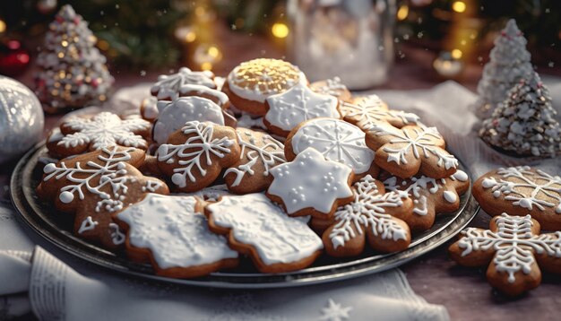 Zelfgemaakte peperkoekkoekjes met glazuur en snoepversieringen op bord gegenereerd door kunstmatige intelligentie