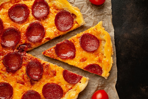 Zelfgemaakte pepperoni pizza op een stenen achtergrond