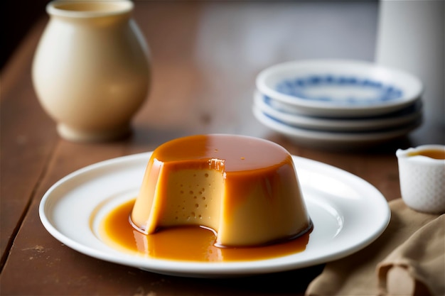 Zelfgemaakte romige gecondenseerde melkpudding gegarneerd met karamelsaus op witte plaat over rustieke houten tafel AI gegenereerd