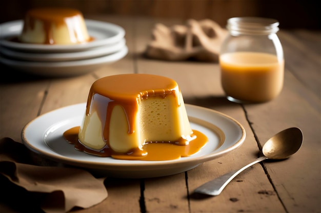 Zelfgemaakte romige gecondenseerde melkpudding gegarneerd met karamelsaus op witte plaat over rustieke houten tafel AI gegenereerd