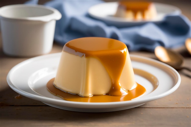 Zelfgemaakte romige gecondenseerde melkpudding gegarneerd met karamelsaus op witte plaat over rustieke houten tafel AI gegenereerd