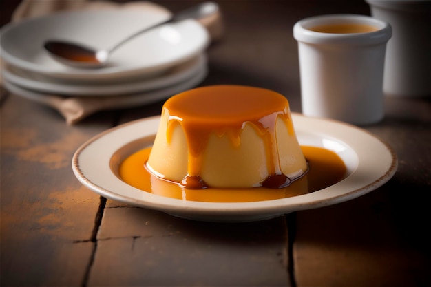 Zelfgemaakte romige gecondenseerde melkpudding gegarneerd met karamelsaus op witte plaat over rustieke houten tafel AI gegenereerd