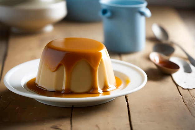 Zelfgemaakte romige gecondenseerde melkpudding gegarneerd met karamelsaus op witte plaat over rustieke houten tafel AI gegenereerd