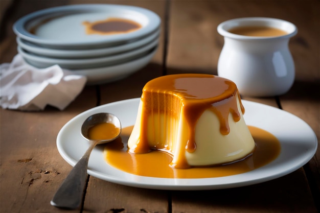 Zelfgemaakte romige gecondenseerde melkpudding gegarneerd met karamelsaus op witte plaat over rustieke houten tafel AI gegenereerd