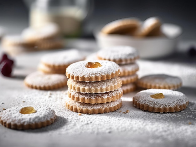 Zelfgemaakte Shortbread koekjes met fruit en thee op tafel Generatieve AI