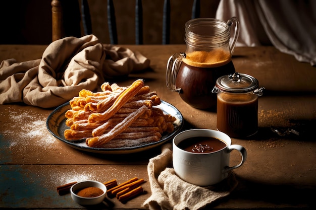 Zelfgemaakte Spaanse dessert krokante churros met gekarameliseerde suiker geserveerd op tafel