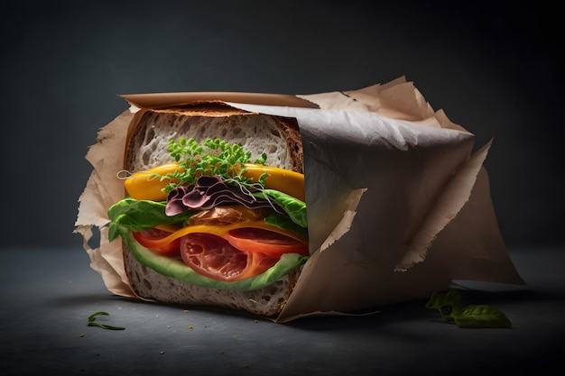 Zelfgemaakte take away sandwich verpakt in een grijze papieren foodfotografie
