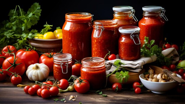 Zelfgemaakte tomatensaus in potjes en door AI gegenereerde ingrediënten