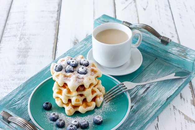 Zelfgemaakte vanillewafels met suikerpoeder en verse bosbessen op een bord, perfect familieontbijt.