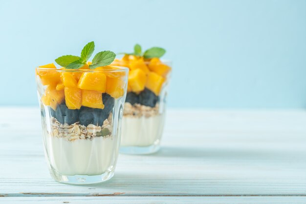 zelfgemaakte verse mango en verse bosbes met yoghurt en muesli - gezonde voedingsstijl