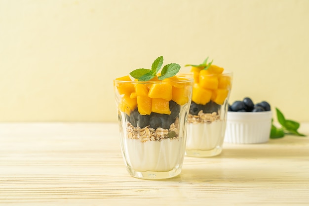 zelfgemaakte verse mango en verse bosbessen met yoghurt en granola - gezonde voeding