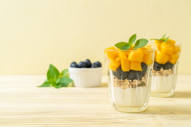 zelfgemaakte verse mango en verse bosbessen met yoghurt en granola - gezonde voeding