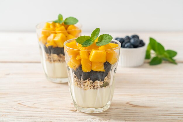 zelfgemaakte verse mango en verse bosbessen met yoghurt en granola - gezonde voeding