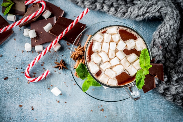 Zelfgemaakte warme chocolademelk met munt, snoepgoed en marshmallow