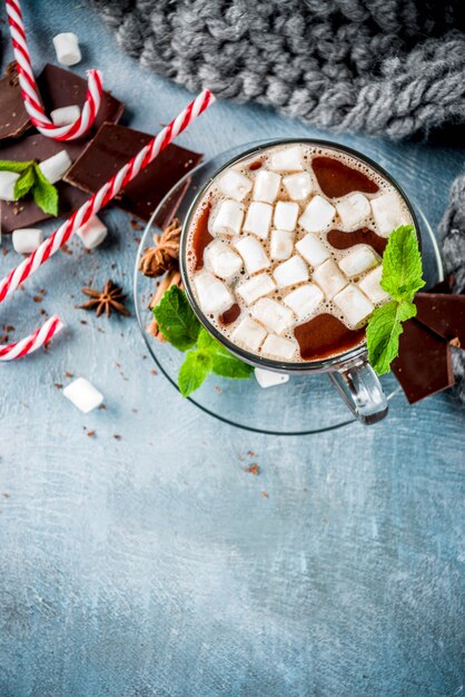 Zelfgemaakte warme chocolademelk met munt, snoepgoed en marshmallow