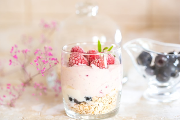 Zelfgemaakte yoghurt met granola, gedroogd fruit en noten bio met het meest gezonde zaad.