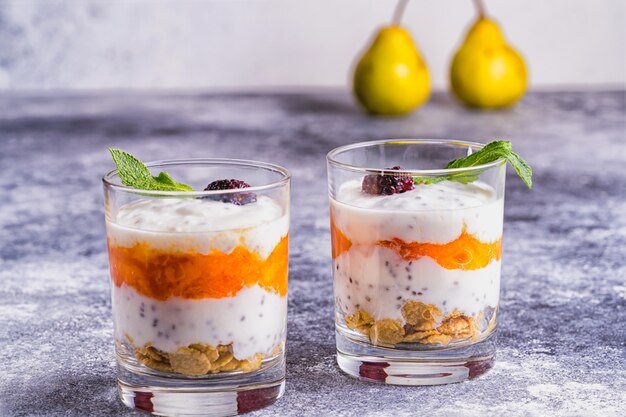 Zelfgemaakte yoghurt met kaki jam, granola en chia korrels in glazen