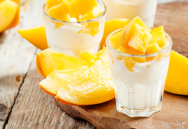 Zelfgemaakte yoghurt met verse mangoschijfjes selectieve focus