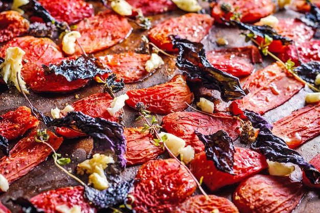 Zelfgemaakte zongedroogde tomaten met basilicum, knoflook en kruiden op papier