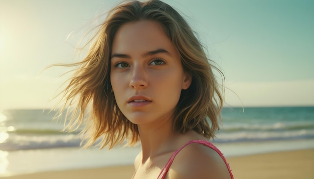 Foto zelfportret van een jonge vrouw op het strand