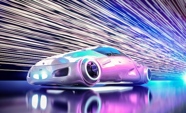 Zelfrijdende auto of autonome auto met 3D-rendering auto in spoorlichttunnel