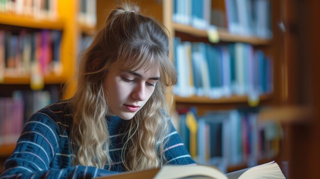 zelfverbetering vrouwelijke student die in een bibliotheekhoek studeert en alleen een boek leest