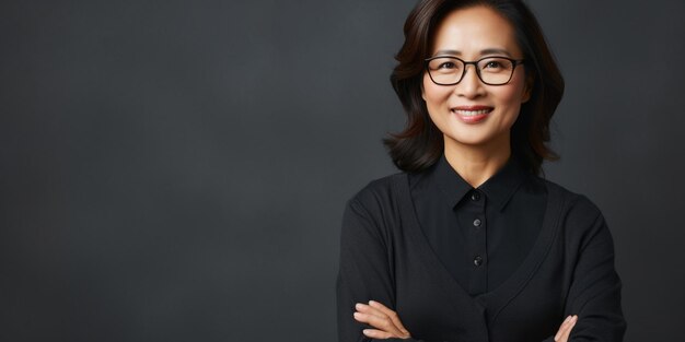 Foto zelfverzekerde aziatische zakenvrouw glimlachend middelbare leeftijd senior volwassen dame model kijken naar de camera op grijze achtergrond close-up gezicht portret