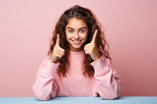 Foto zelfverzekerde brunette tiener omarmt de mate van succes met een lachende pose