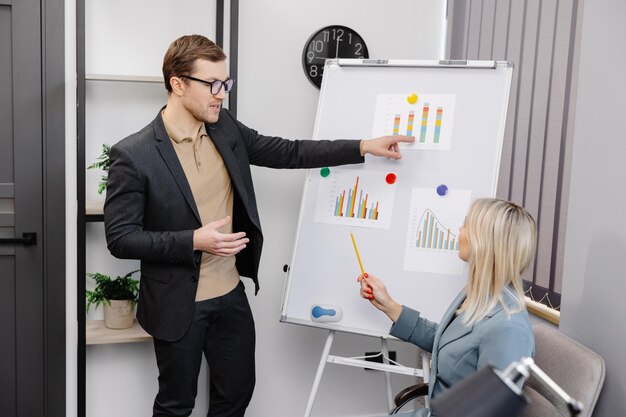 Zelfverzekerde businesscoach geeft presentatie op flip-over Een jonge vrouw en een man praten en bespreken zakelijke projectschema's op kantoor