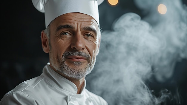Foto zelfverzekerde chef-kok in wit uniform poseert in een stoomige keuken generatieve ai