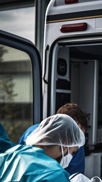 Foto zelfverzekerde en professionele artsen die een zieke patiënt op een brancard uit een ambulance laden