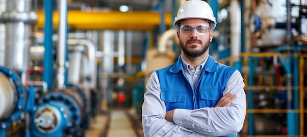 Zelfverzekerde industriële ingenieur met gekruiste armen in een fabriek