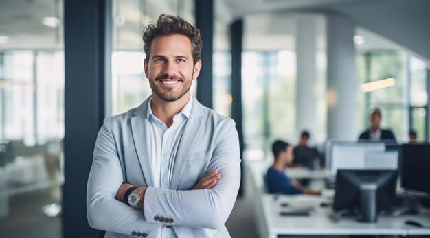 Zelfverzekerde IT-professional in modern kantoor met gekruiste armen