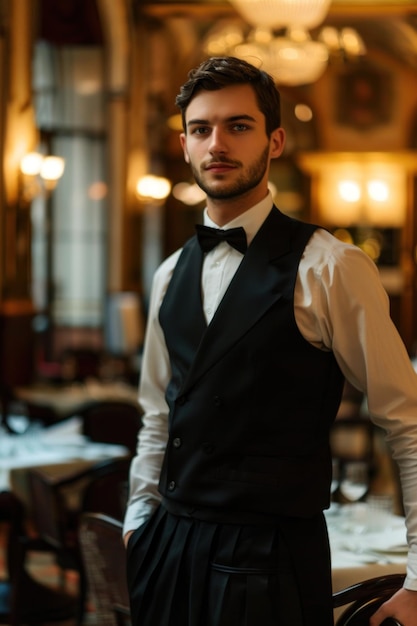 Zelfverzekerde jonge mannelijke ober in formele kleding die professioneel poseert in een luxe restaurant