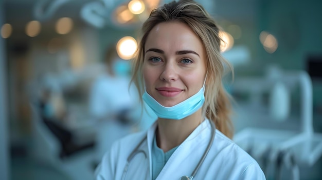 Zelfverzekerde jonge vrouwelijke arts in een ziekenhuisomgeving met masker naar beneden, zorgzame gezondheidszorgprofessional portret AI