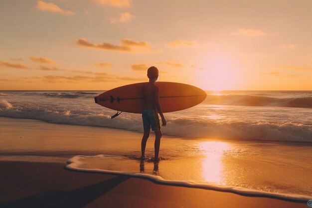 Foto zelfverzekerde jongen met surfplank terwijl hij aan zee staat bij zonsondergang generatieve ai