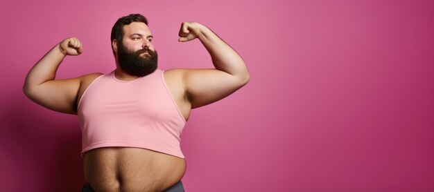Zelfverzekerde man flexing in roze crop top roze achtergrond sport en fitness banner