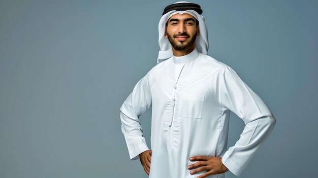 Zelfverzekerde man in traditionele Arabische kleding die met een glimlach poseert Moderne Emiraatische kledingstijl Culturele representatie in een studio Perfect voor wereldwijde diversiteitscampagnes AI