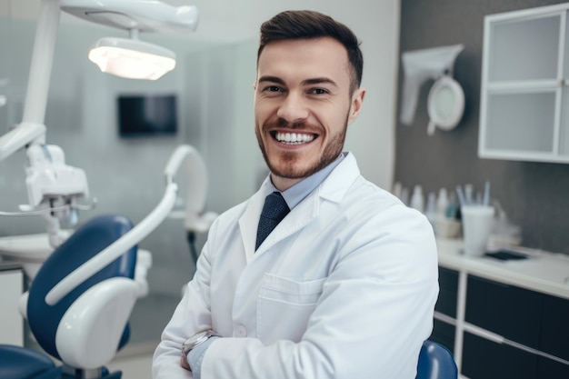 Zelfverzekerde mannelijke tandarts in een witte jas met tandheelkundige hulpmiddelen in de hand staande voor een tandheelkunde