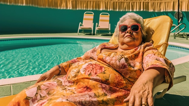 Zelfverzekerde oudere vrouw in een levendige jurk ontspannen bij het zwembad